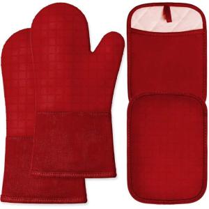 imageBPAFree Soft Silicone Oven Mitts  Ultra Heat Resistant Oven Mitts with Thick Cotton Liner  Extra Long Slip Resistant Pot Holders Flexible Oven Gloves  RedBlack 147quotRed