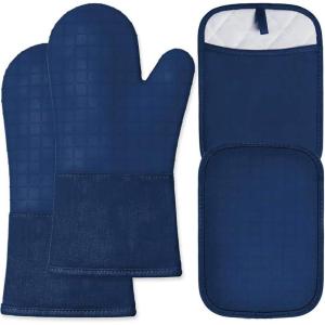 imageBPAFree Soft Silicone Oven Mitts  Ultra Heat Resistant Oven Mitts with Thick Cotton Liner  Extra Long Slip Resistant Pot Holders Flexible Oven Gloves  RedBlack 147quotNavy Blue