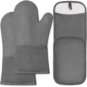 imageBPAFree Soft Silicone Oven Mitts  Ultra Heat Resistant Oven Mitts with Thick Cotton Liner  Extra Long Slip Resistant Pot Holders Flexible Oven Gloves  RedBlack 147quotGray