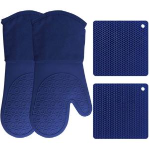 imageBPAFree Soft Silicone Oven Mitts  Ultra Heat Resistant Oven Mitts with Thick Cotton Liner  Extra Long Slip Resistant Pot Holders Flexible Oven Gloves  RedBlack 147quotBlue