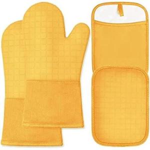 imageBPAFree Soft Silicone Oven Mitts  Ultra Heat Resistant Oven Mitts with Thick Cotton Liner  Extra Long Slip Resistant Pot Holders Flexible Oven Gloves  RedBlack 147quotYellow