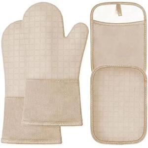 imageBPAFree Soft Silicone Oven Mitts  Ultra Heat Resistant Oven Mitts with Thick Cotton Liner  Extra Long Slip Resistant Pot Holders Flexible Oven Gloves  RedBlack 147quotBeige