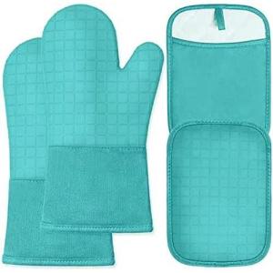 imageBPAFree Soft Silicone Oven Mitts  Ultra Heat Resistant Oven Mitts with Thick Cotton Liner  Extra Long Slip Resistant Pot Holders Flexible Oven Gloves  RedBlack 147quotTurquoise
