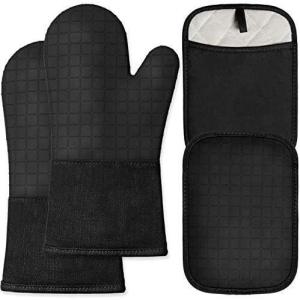 imageBPAFree Soft Silicone Oven Mitts  Ultra Heat Resistant Oven Mitts with Thick Cotton Liner  Extra Long Slip Resistant Pot Holders Flexible Oven Gloves  RedBlack 147quotBlack