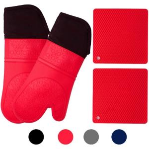imageBPAFree Soft Silicone Oven Mitts  Ultra Heat Resistant Oven Mitts with Thick Cotton Liner  Extra Long Slip Resistant Pot Holders Flexible Oven Gloves  RedBlack 147quotCanyon Red